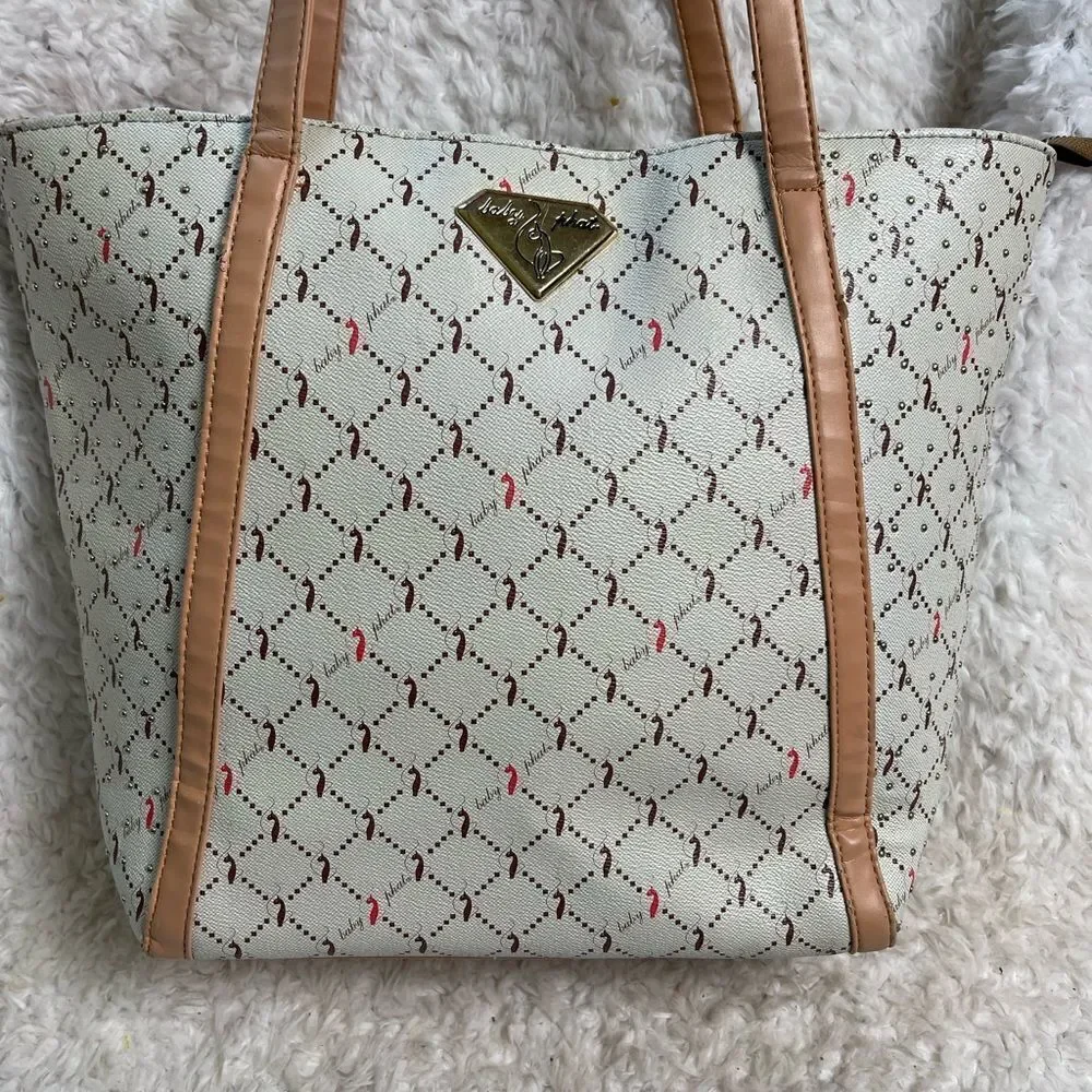 Babyphat beige logo brown & orange large tote with tan traps studs accents